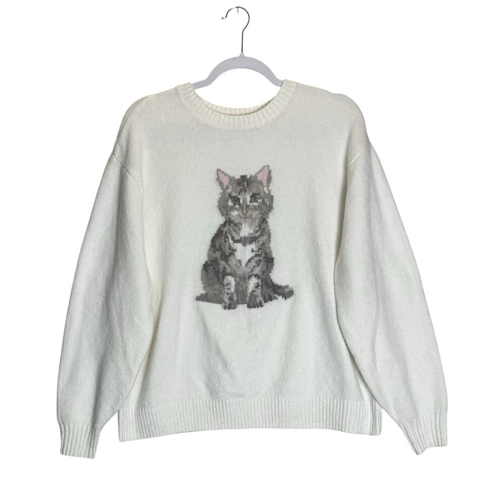 Hollister Womens Cozy Cat Knit Pullover Cream Sweater Soft Comfort Core Medium